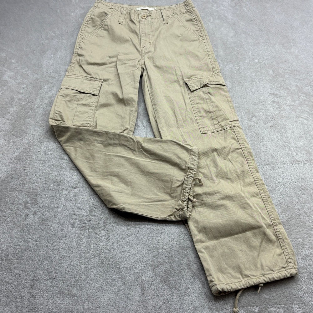Levi's '94 Baggy Cargo Pants Women 25 Tan Khaki Wide Leg Drawstring Hem Utility
